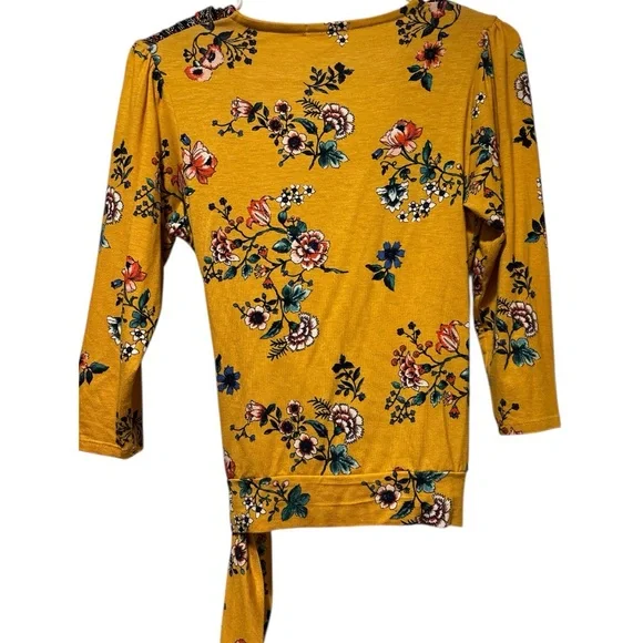 Loveappella Mustard Floral Wrap Top | Boho Tie Blouse - Picture 4 of 7